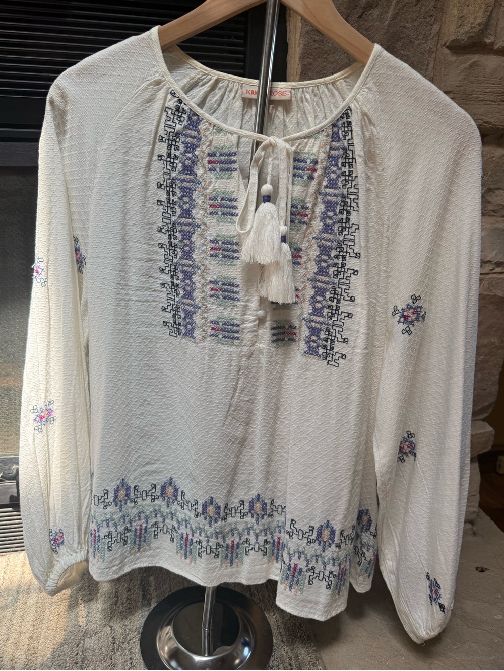 Women’s Knox Rose White Embroidered Tassel Peasant Top